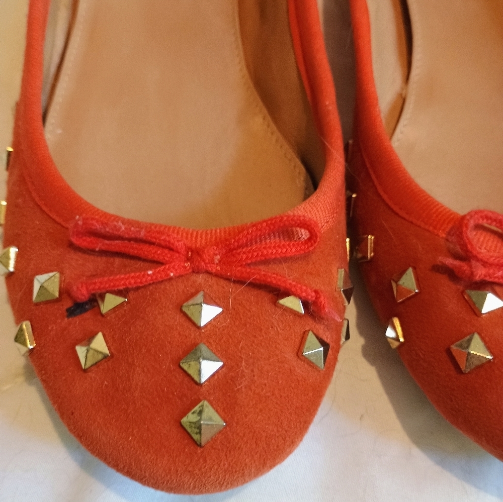 J.Crew Womens Ballet Flats Shoes Orange Suede Slip On Studded Round Toe Bow - Picture 4 of 16